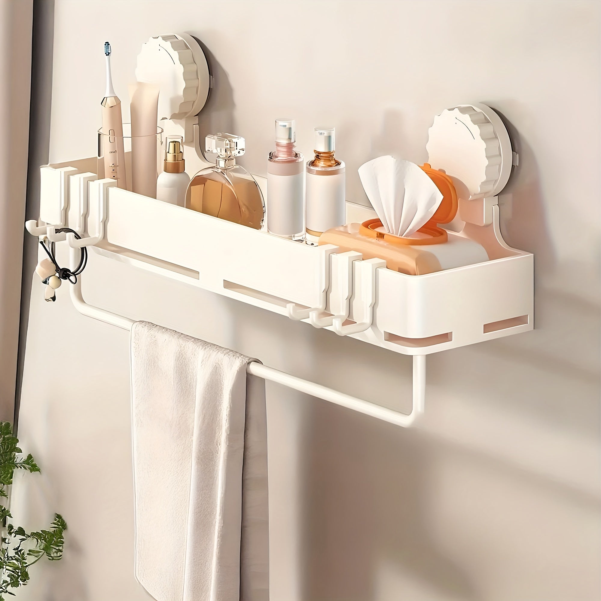 Bathroom Organizer – 1pc Easy-Install Suction Cup Shower Caddy, Wall-Mounted Organizer for Shampoo & Soap with Towel Holder, Heavy-Duty Floating Shower Shelve for Shower Accessories - Strong