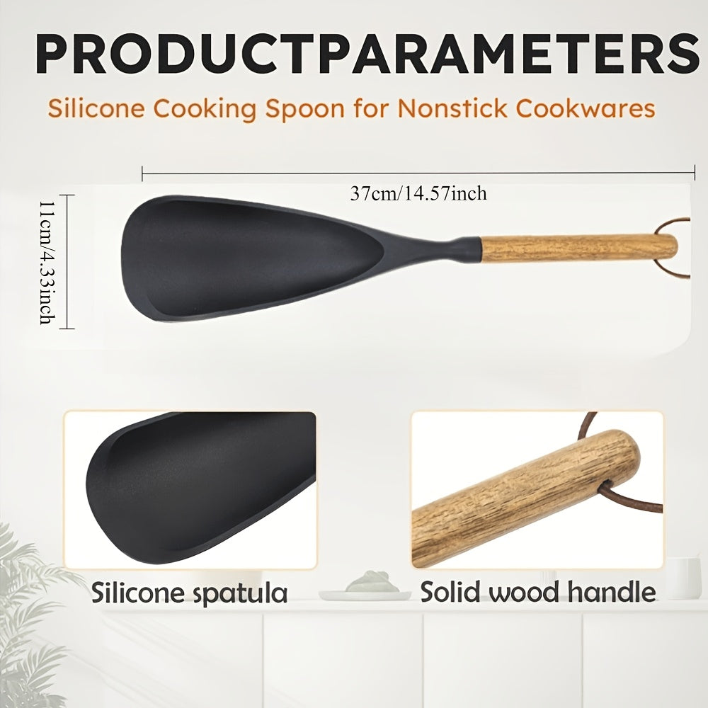 Kitchen Essential – 2pcs Cooking Spoon Set, Suitable for Non-stick Pans, 12-inch Silicone Spoon And Spatula with Wooden Handle, Used for Cooking, Serving, Mixing, Scooping And Scraping, Blac