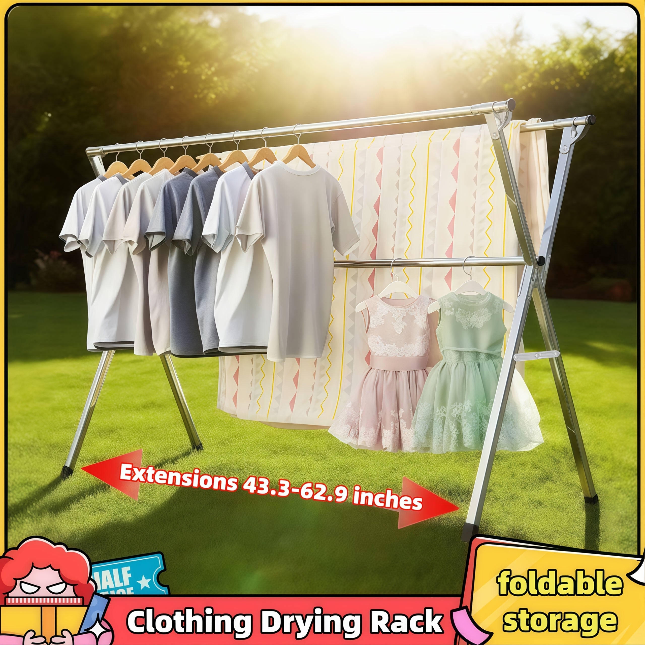 Foldable Metal Clothes Drying Rack, Adjustable Three Rod, with Space-Saving Storage, for Indoor And Outdoor Use, for Clothes, Blankets And Bedding, Drying Racks
