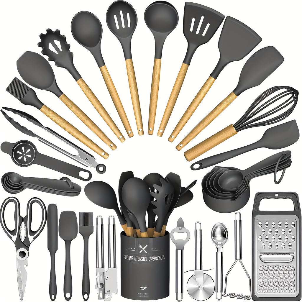 Kitchen Utensil Set - 34pcs Silicone Cooking Utensil with Rack, Heat-resistant Kitchen Utensil Spade Set, Suitable for Non-stick Cooking Utensils, Black Wooden Handle Kitchen Utensil Set