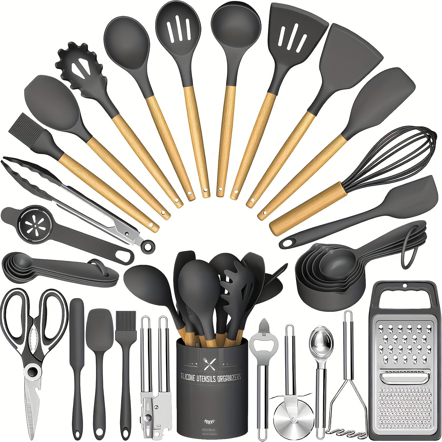 Kitchen Utensil Set - 34pcs Silicone Cooking Utensil with Rack, Heat-resistant Kitchen Utensil Spade Set, Suitable for Non-stick Cooking Utensils, Black Wooden Handle Kitchen Utensil Set