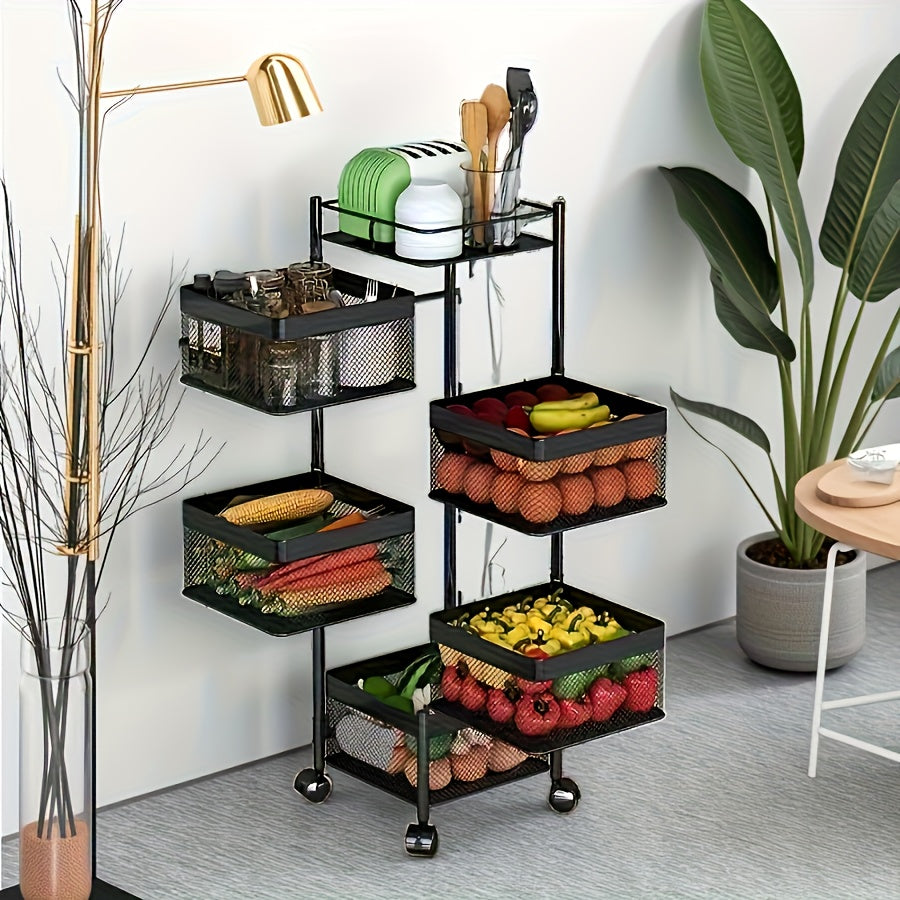 Modern 1pc Adjustable Home Storage Rack – durable multi-purpose storage, 1pc Heavy-Duty 5-Tier Rotating Mobile Storage Cart with Spinning Shelves Floor-Standing Base Suitable for, designed for American homes, daily convenience and practical gifting
