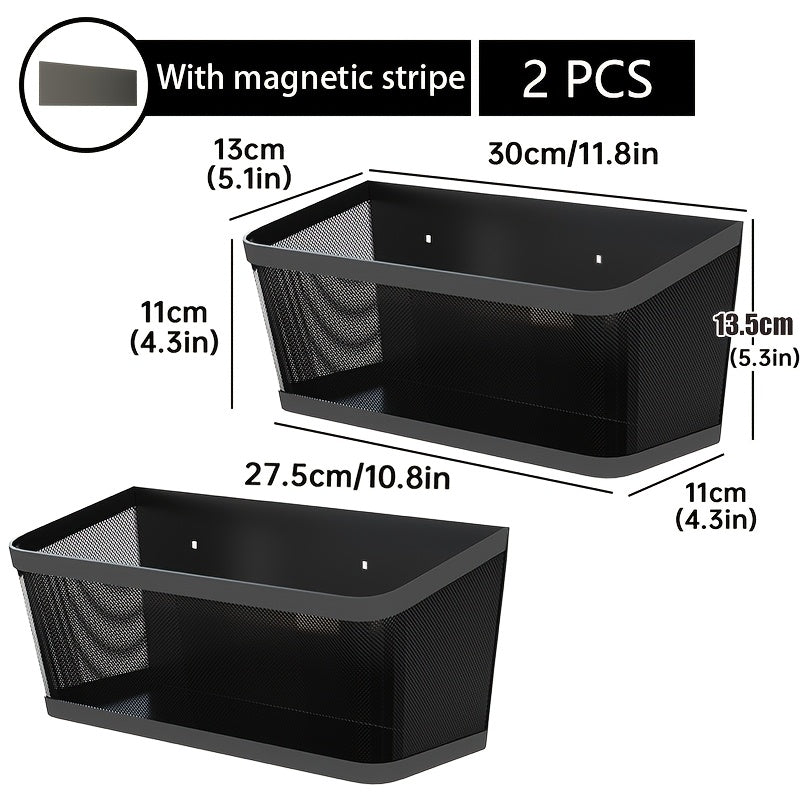 2pcs Magnetic Storage Baskets with Heavy-Duty Carbon Shelf - Magnetic Base Suitable for Washing Machine, Fridge & Laundry Room Organization - Space-Saving Shelving for Detergent, Fabric Softener, Spice Rack (Black), Laundry Baskets