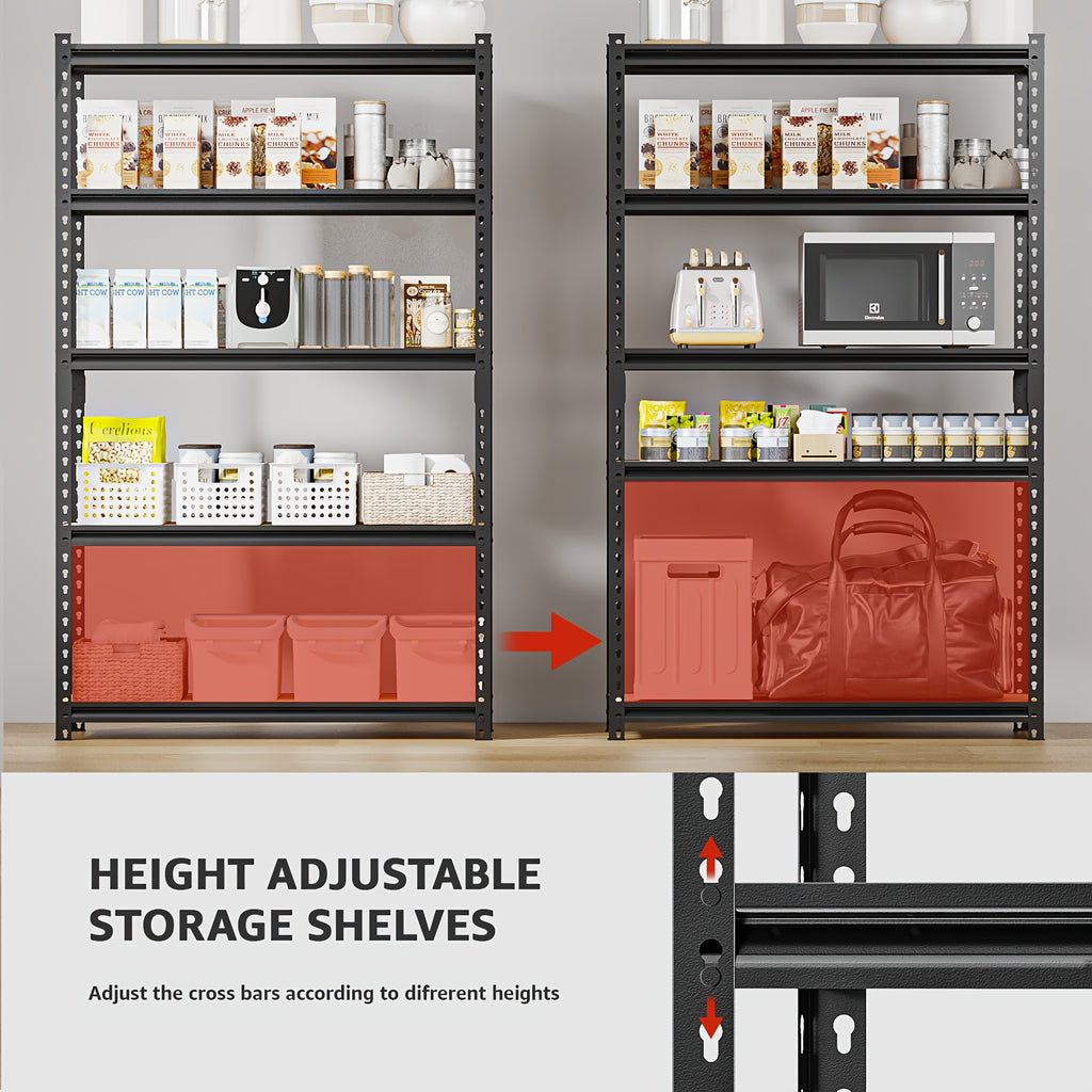 2000LBS Capacity 5 Tier 72''H/60"H Storage Shelves, 72" H X 36" W X 16" D/60" H X 28" W X 12" D Adjustable Metal Shelving Unit, Heavy Duty Garage Storage Shelves for Warehouse, Basement, Kitchen, Pantry, Living Room, Black