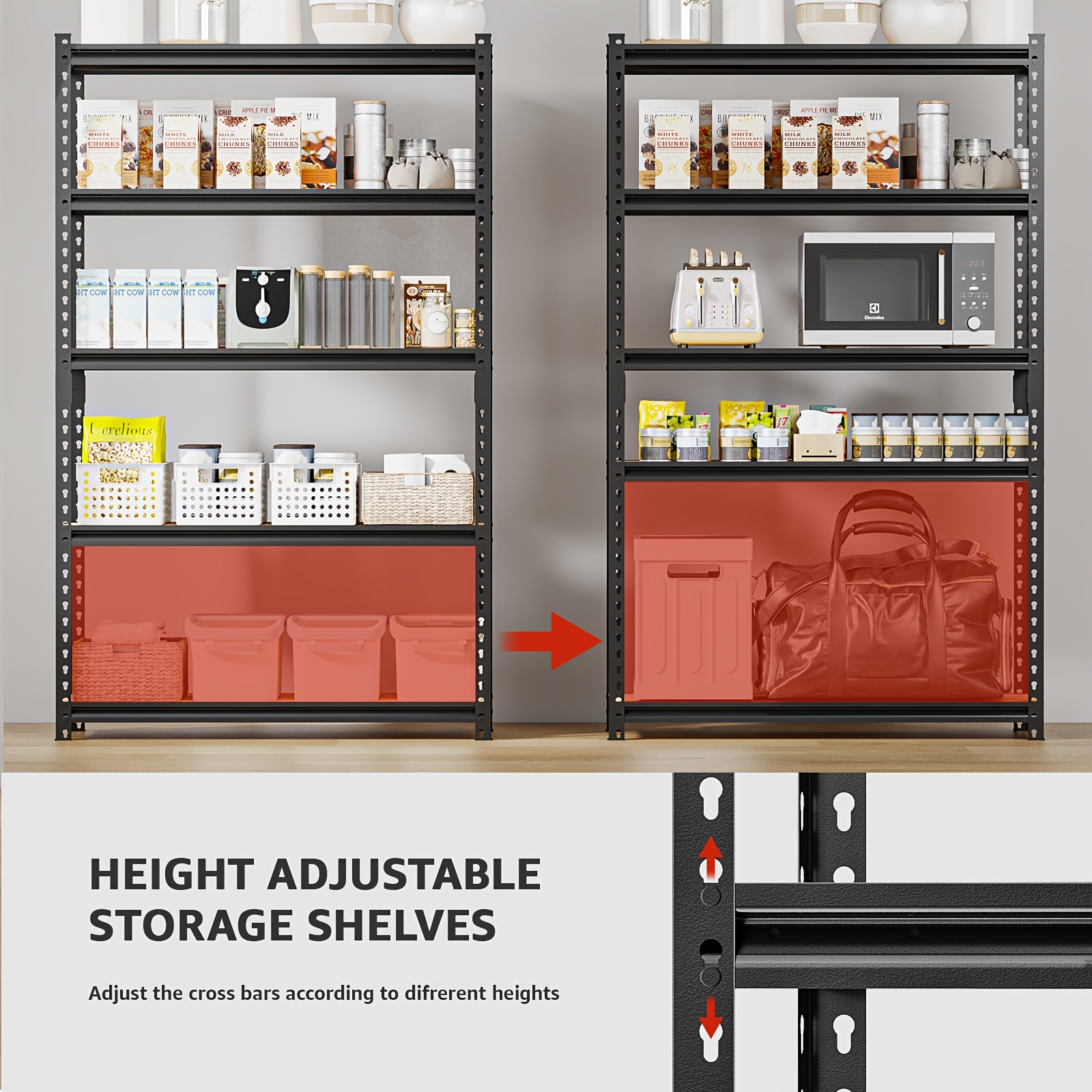2000LBS Capacity 5 Tier 72''H/60"H Storage Shelves, 72" H X 36" W X 16" D/60" H X 28" W X 12" D Adjustable Metal Shelving Unit, Heavy Duty Garage Storage Shelves for Warehouse, Basement, Kitchen, Pantry, Living Room, Black