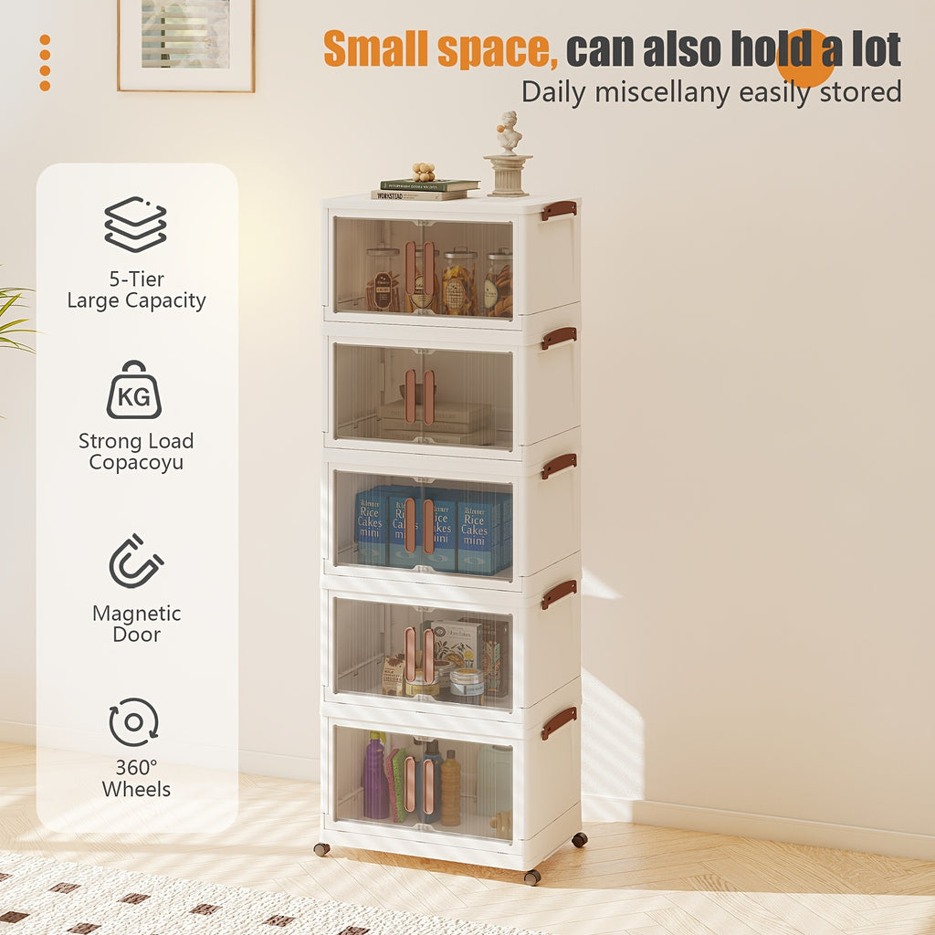 3/4/5 Layer Folding Storage Cabinet - Plastic Storage Bins with Lids, Collapsible Stackable Containers with Wheels, Living Room Storage Boxes, Home Office Clothes Storage Cabinets And Suitcases, Foldable Organizer System for Closet