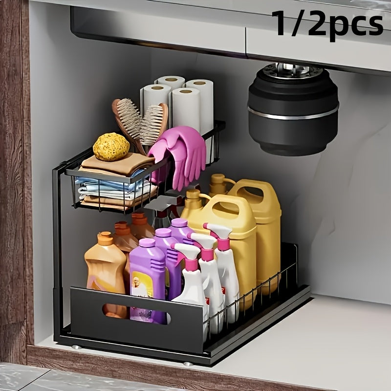 Kitchen Storage Organizer – 1/2pcs Kitchen Organizers And Storage, Kitchen Accessories, Utility Racks, Under Sink Organizer, Pull Out Cabinet Organizer, 2 Tier Slide Out Sink Shelf, Cabinet