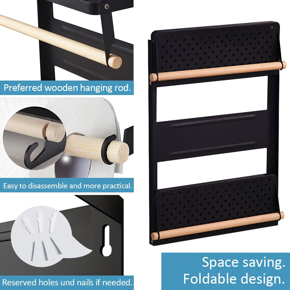 Kitchen Essential – Magnetic Fridge Organizer Spice Rack with Paper Towel Holder And 5 Extra Hooks, 3 Tier Magnet Refrigerator Shelf In Kitchen Holds Up to 45 LBS, Black, Utility Racks for M