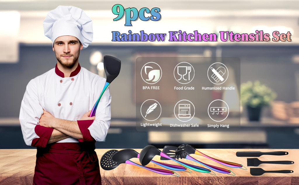 9pcs Silicone Cooking Utensils, Rainbow Kitchen Utensils Set, Titanium Cooking Utensils Set with Stainless Steel Handle, Silicone Spatula, Heat Resistant Silicone Utensils for Cooking, Non-Stick Spatula Set, Ladle with Stainless Steel Handle