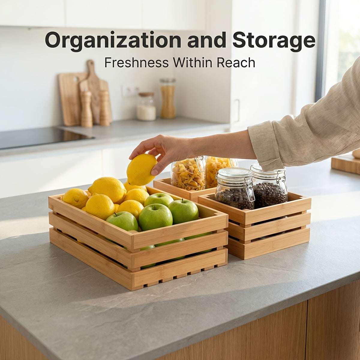 Space-Saving Adjustable Home Storage Rack – durable multi-purpose storage, Bamboo Storage Bins Set Multi-Size Kitchen Pantry Organizer Multi-Functional Storage Boxes for Home Organization, designed for American homes, daily convenience and practical