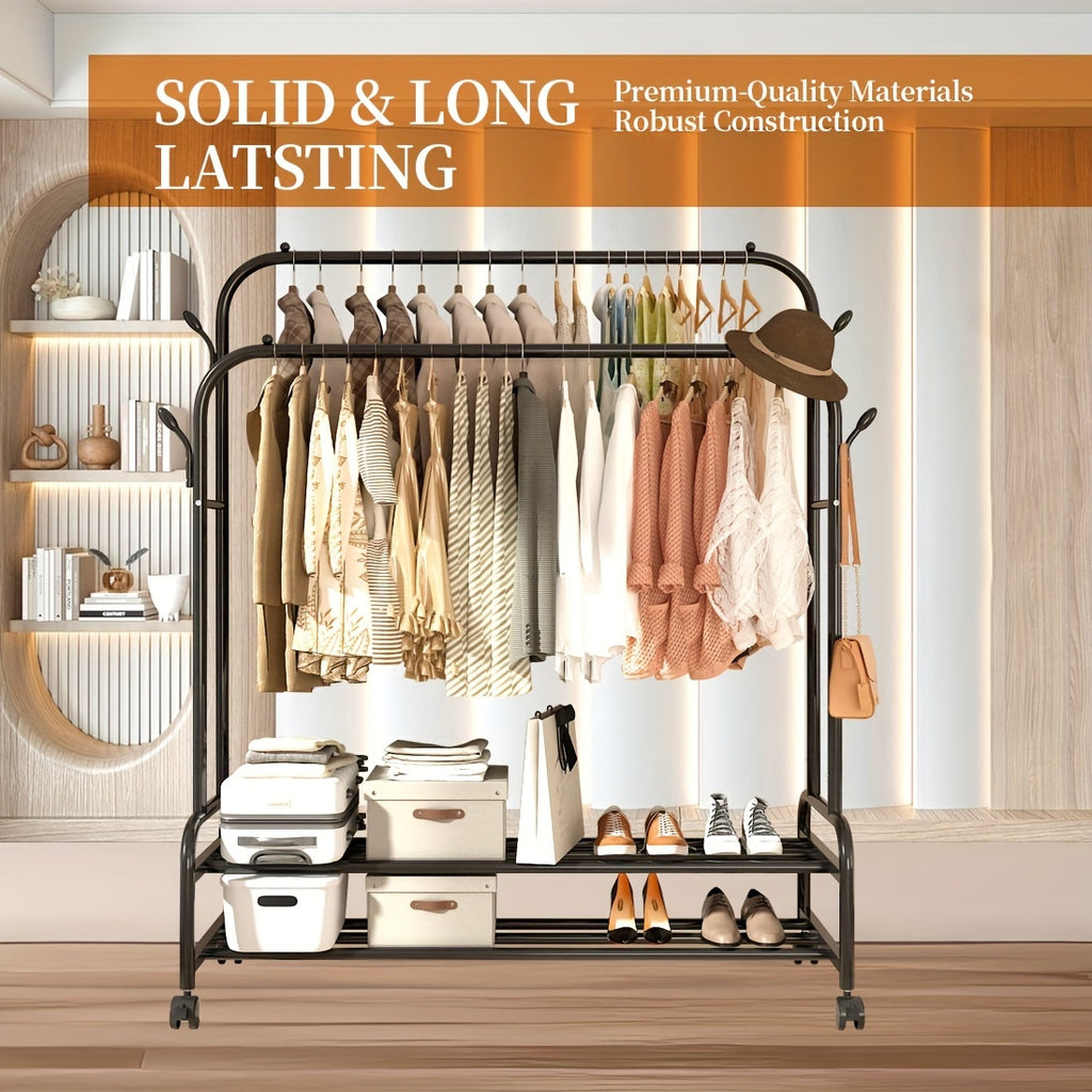 Heavy-Duty Adjustable Home Storage Rack – durable multi-purpose storage, Sturdy Metal Double Rodding Clothes Rack with Wheels Portable Clothing Rack with Shelves Hooks, designed for American homes, daily convenience and practical gifting