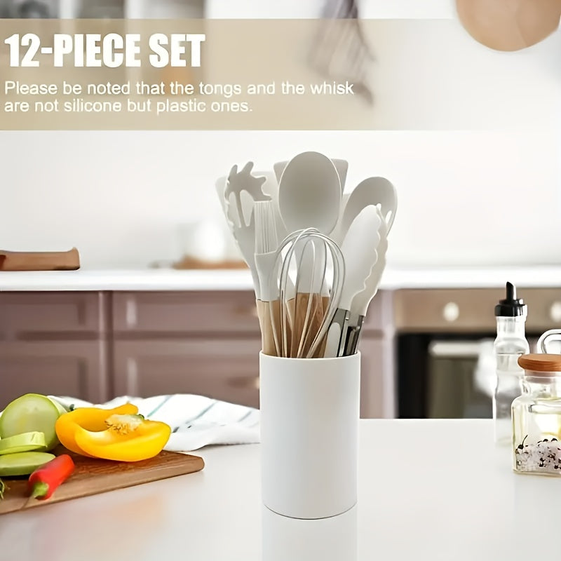 12pcs Silicone Cooking Kitchen Utensils Set with Wooden Handle, Silicone Flip Flop Tongs Spatula Spoon Kitchen Utensils Set for Non-Stick Cookware, Wooden Handle Silicone Kitchen Gadget Utensils Set, Meets Your Cooking Needs