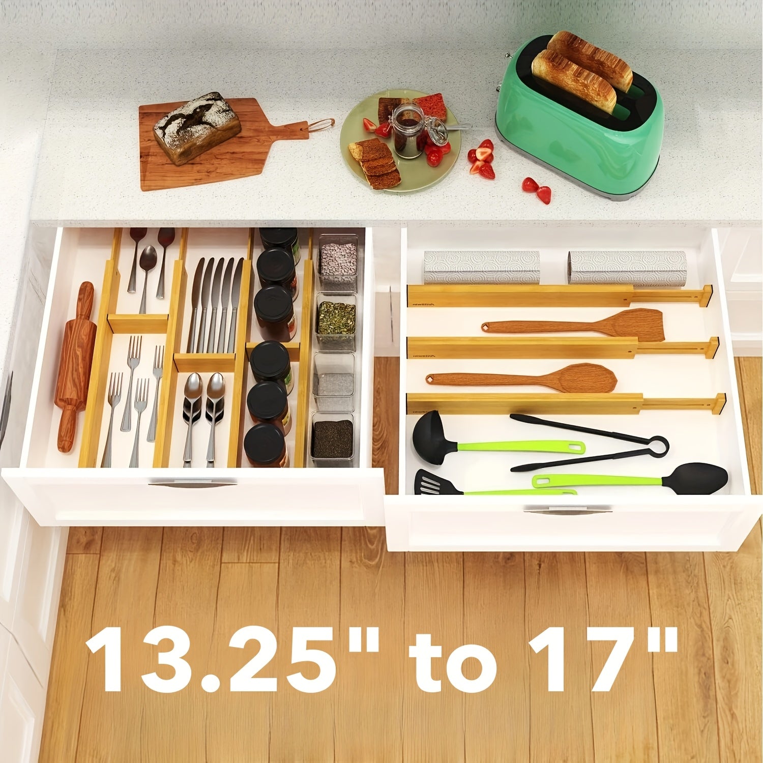 13.25-17 in Expandable Bamboo Drawer Dividers, Adjustable Organizers with Labels And Inserts for Dressers, Kitchen, Office, Desk & Drawer Organizer for Home Storage