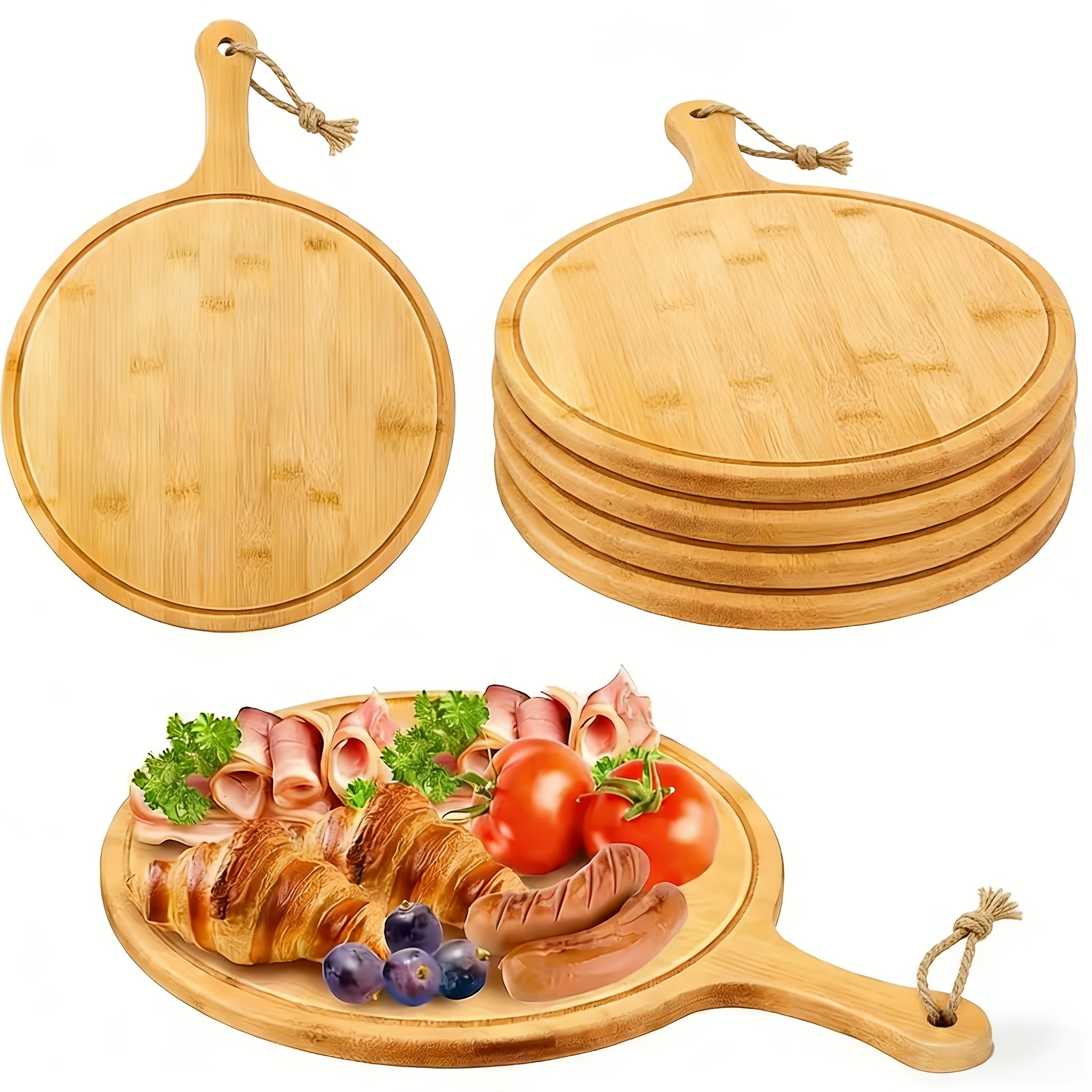 Home Living Essential – durable food prep and serving, 10 5pcs Round Wooden Cutting Boards with Handles Wo