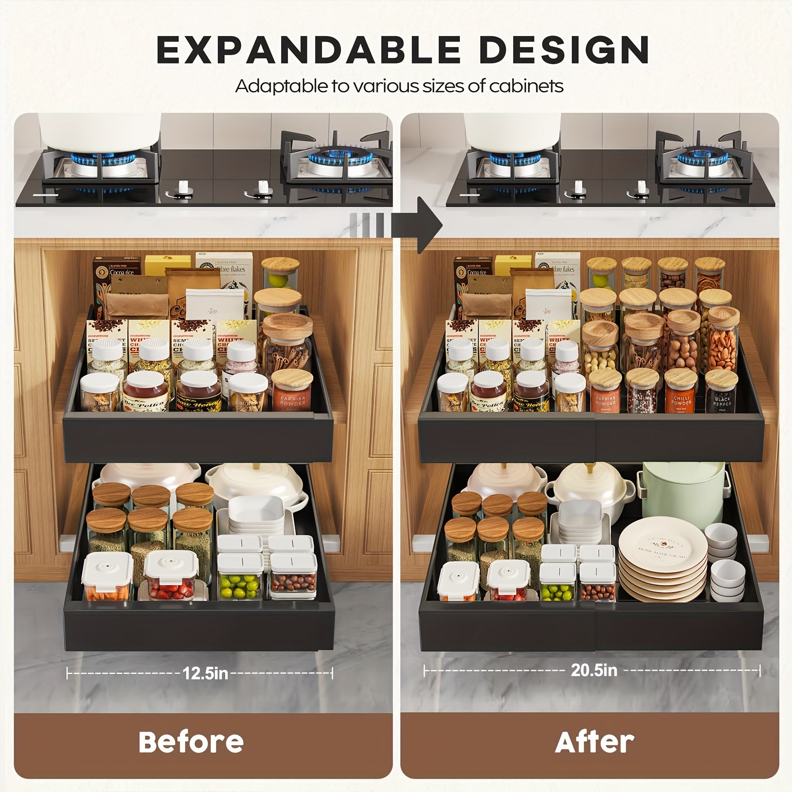 Easy-Access Pull-Out Cabinet Organizer – smooth-access cabinet organization, Set of 4 Sturdy Carbon Steel Sliding Storage Organizers for Kitchen Cabinets Featuring Expandable, designed for American homes, daily convenience and practical gifting