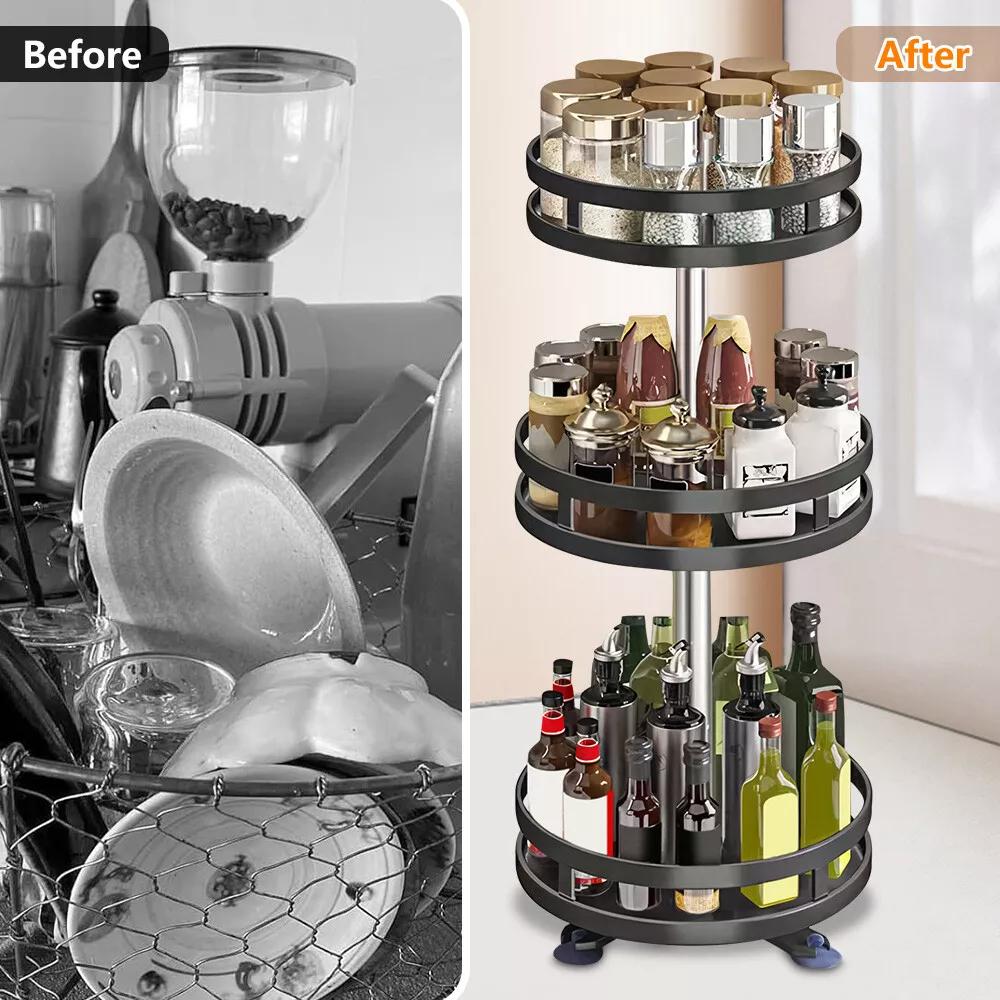 Kitchen Essential – Lazy Susan Organizer Spice Rack - 2 3 Tier Height Adjustable Spice Organization for Cabinet, Metal Seasoning Organizer Lazy Turntable Spice Organizer for Table Top Pantry