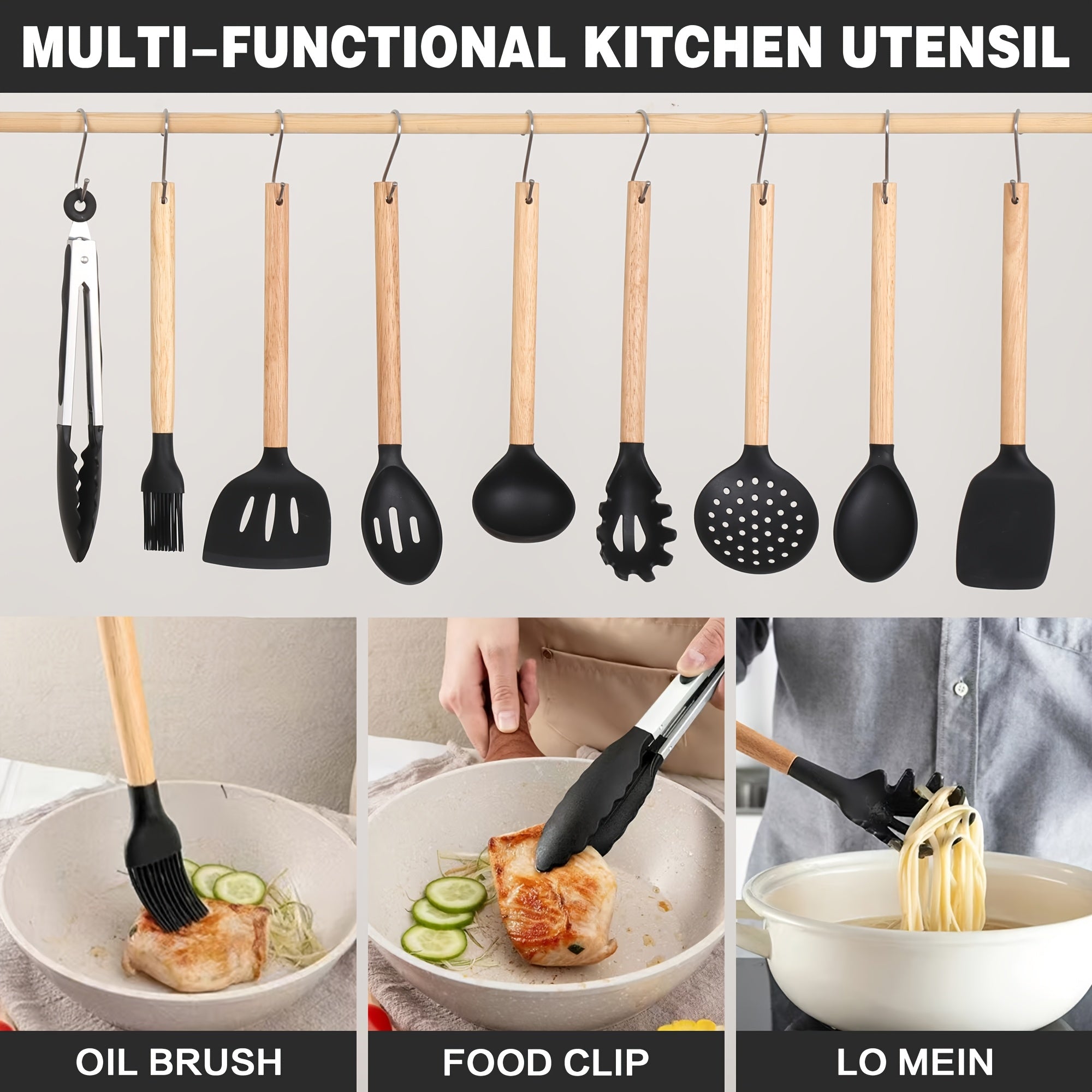 19pcs Silicone Kitchenware Knife Sets, Kitchen Accessories, Made Of Heat Resistant Food Grade Silicone And Wooden Handles Kitchen Gadgets Tools Set Nonstick Cookware, Perfect Easter & Mother's Day Gifts for Home Kitchen, Kitchen Gadgets Set