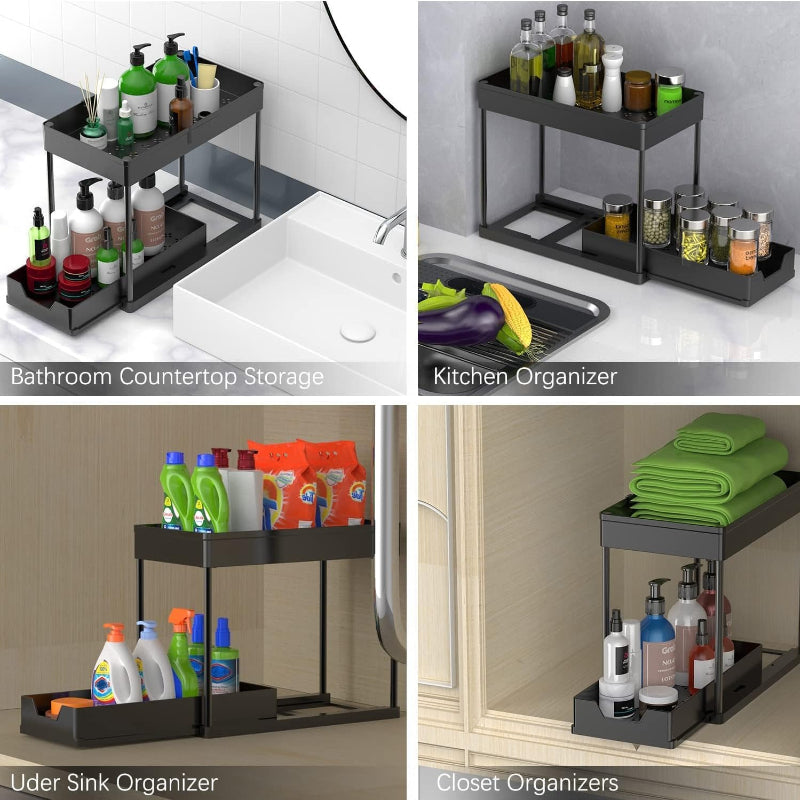 Space-Saving 2 Pack Stackable Home Storage Bins – portable space-saving storage, 2 Pack Under Sink Organizers and Storage 2-Tier Sliding Cabinet Basket Organizer with Hooks, designed for American homes, daily convenience and practical gifting
