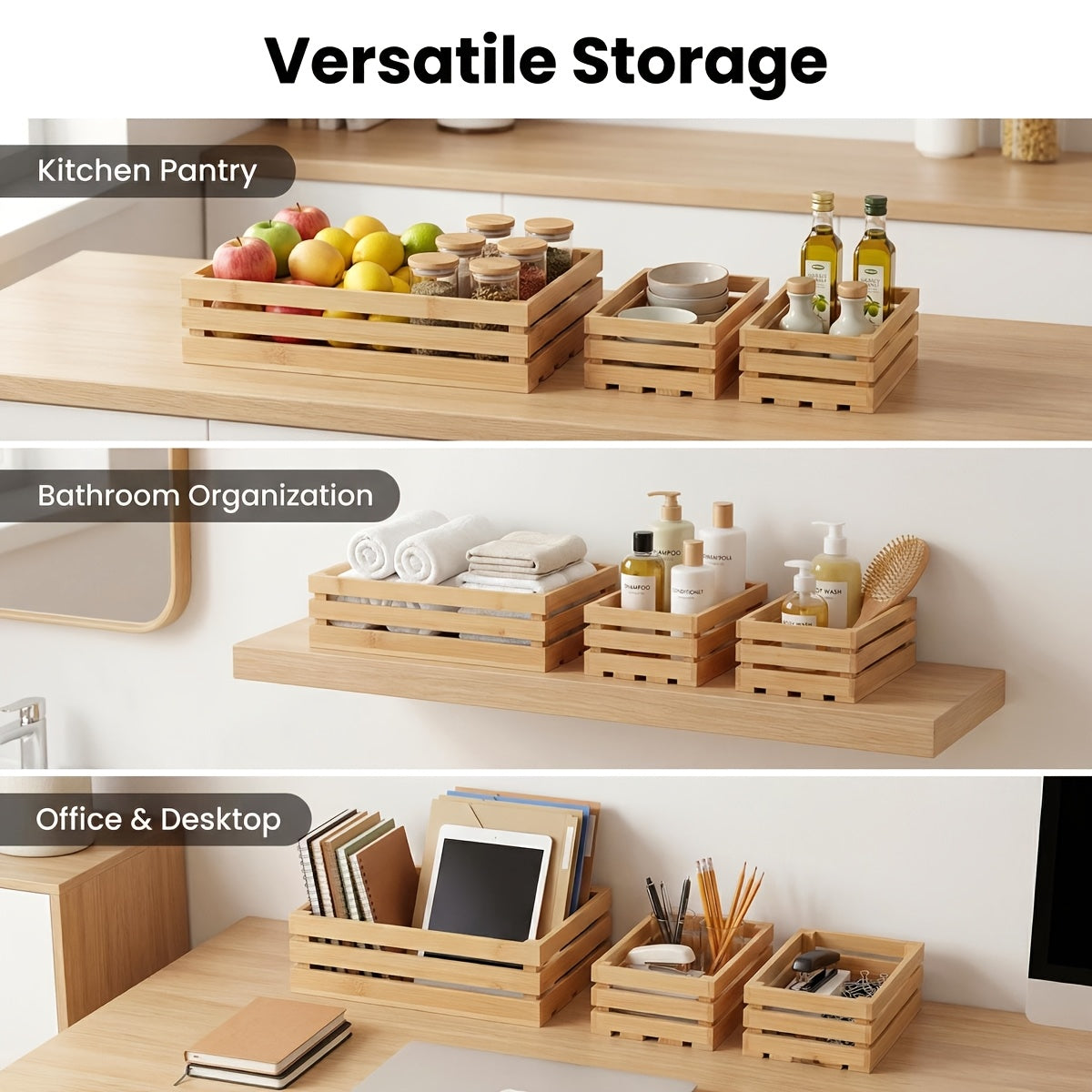 Space-Saving Adjustable Home Storage Rack – durable multi-purpose storage, Bamboo Storage Bins Set Multi-Size Kitchen Pantry Organizer Multi-Functional Storage Boxes for Home Organization, designed for American homes, daily convenience and practical