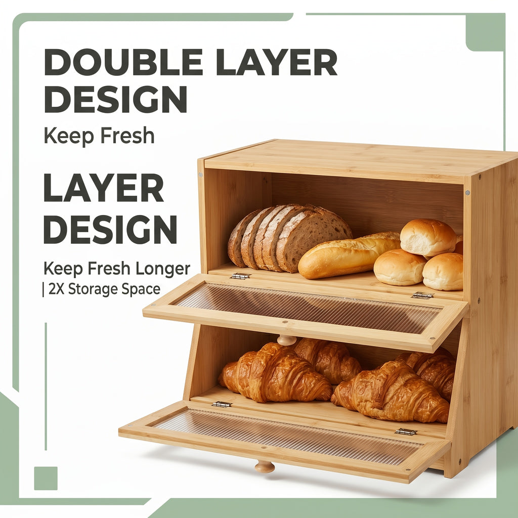 Versatile Countertop Bread Storage Box – fresh-bread countertop organization, 2-Tier Bamboo for bread Box Roll-Top Doors No Cross Flavor Natural Bamboo Countertop Food, designed for American homes, daily convenience and practical gifting