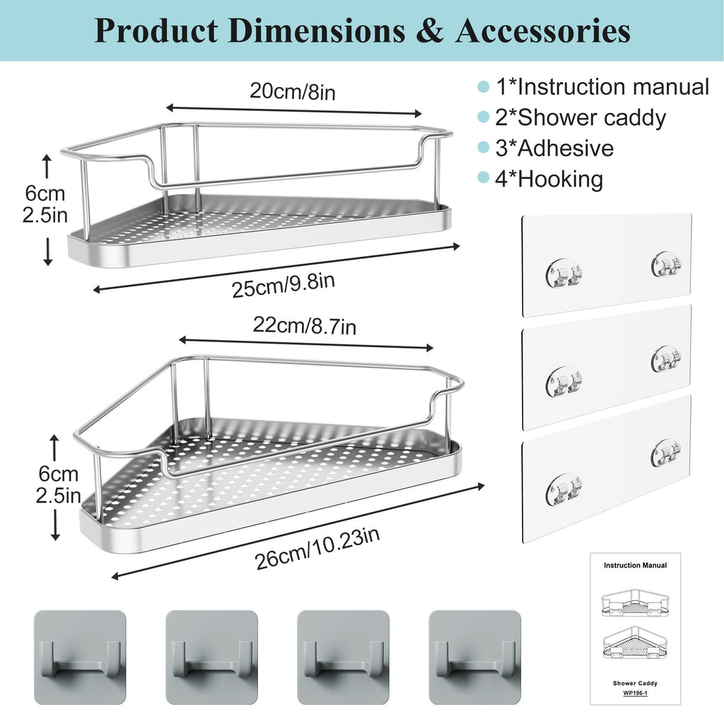 2/3pcs Stainless Steel No Punching Bathroom Shelf, Large Capacity Bathroom Kitchen Sundries Storage Rack, Bathroom Soap Razor Storage Rack, Room Bedroom Wall-Mounted Sundries Storage Rack, with Four Hook Design, Bathroom Additions, Shelves