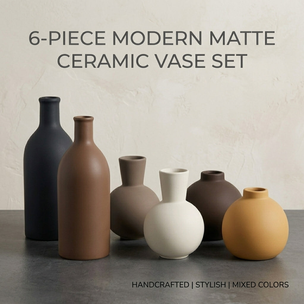 6pcs Minimalist Matte Ceramic Vase Set, Aesthetic Earth Tone Bud Vase Decor, Modern Boho Farmhouse Pottery for Shelf And Tabletop, Wabi-Sabi Decorative Bottles for Wedding And Home Accents