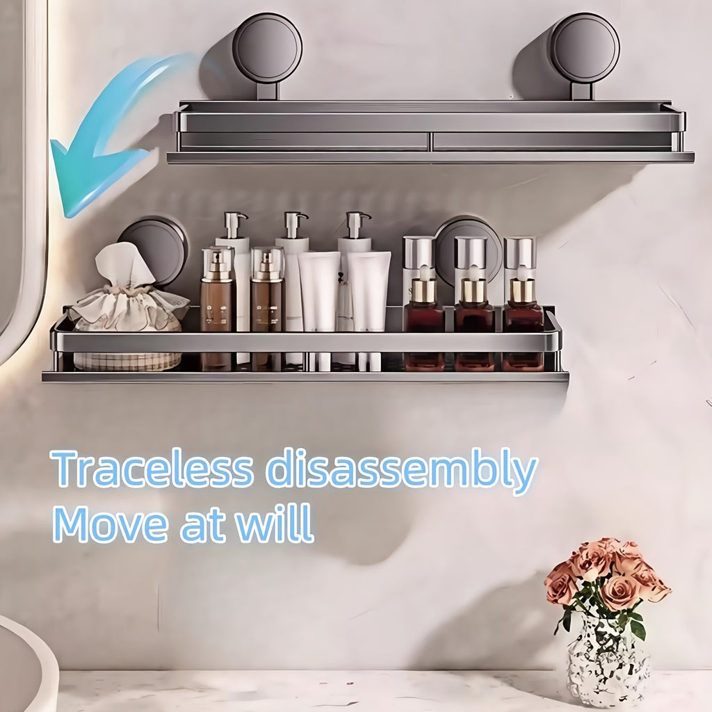 Non-Damaging Suction Cup Shower Shelf - 11.81-In/15.75-In Gray Metal Bath Organizer, 2-Tier Quick Installation And Detachable Design, Shelves