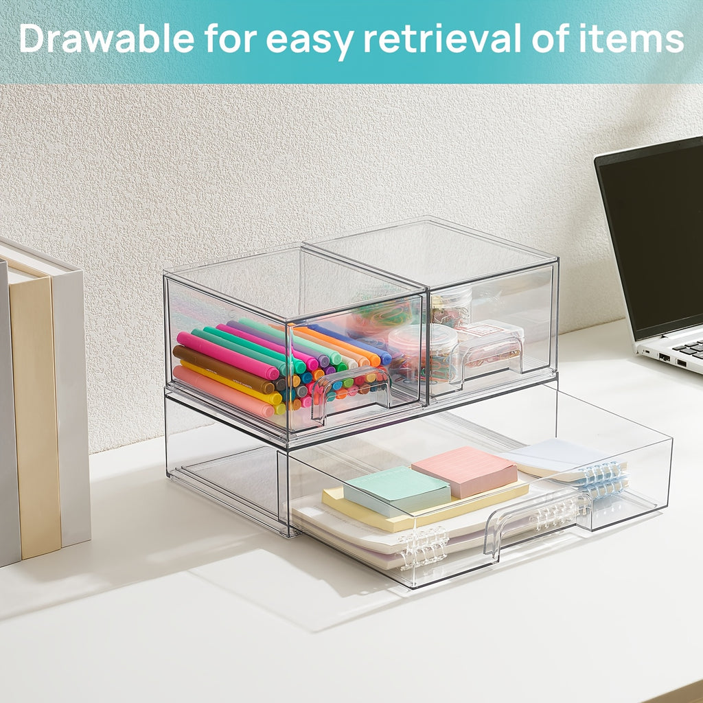 3/5/Pack Stackable Storage Drawers, Clear Plastic Organizer Bins for Makeup, Cosmetics, Beauty Supplies, Ideal for Vanity, Bathroom, Cabinet, Pantry Organization, Storage Drawer Units