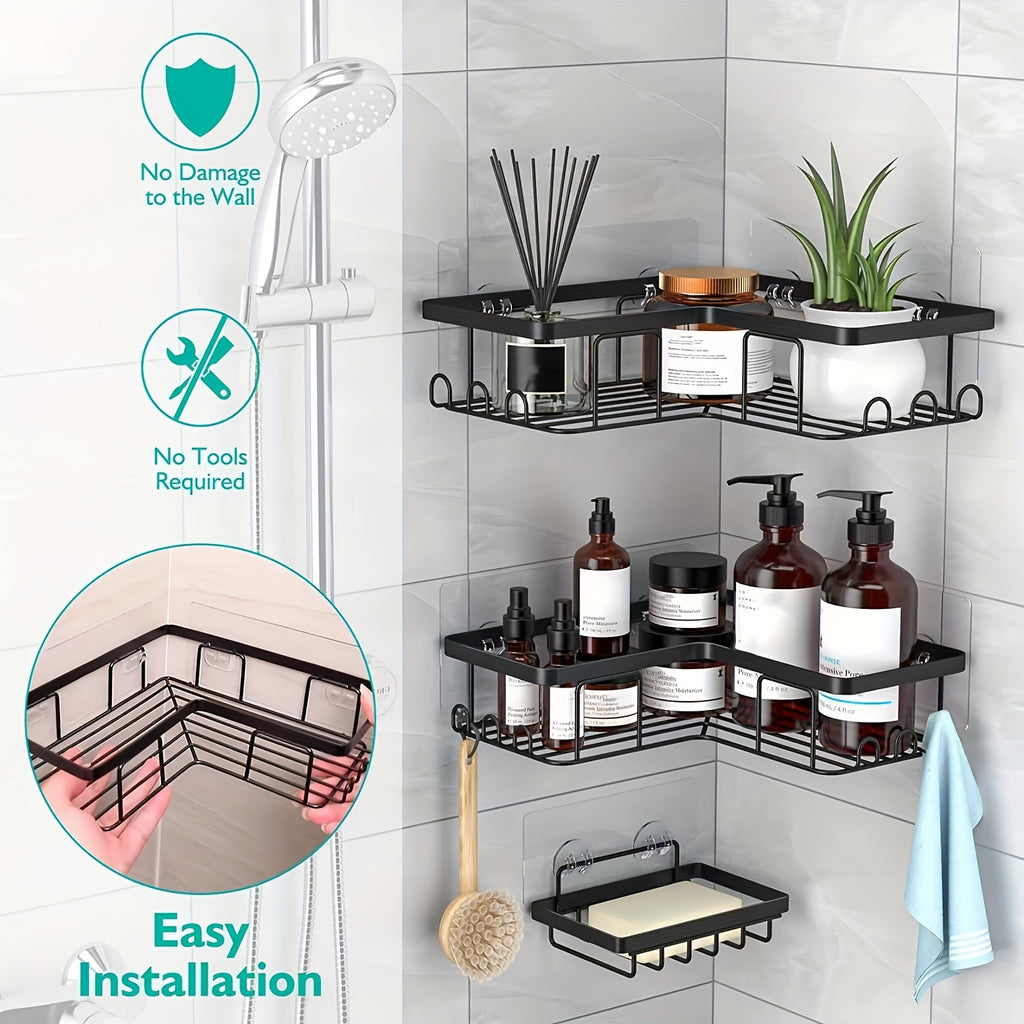 Corner Adhesive Shower Caddy, with Soap Holder And 12 Hooks, Rustproof Stainless Steel Bathroom Organizer, No Drilling Wall Mounted Rack, Black, 3-Pack