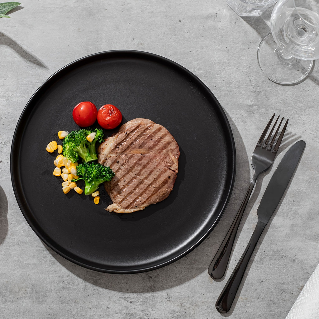12pcs Matte Black Stoneware, Scratch  Stylish Straight Shapes Plates And Bowls, Christmas Kitchen Accessories, Service for 4, Minimalist Round Style, Microwave And Dishwasher Safe