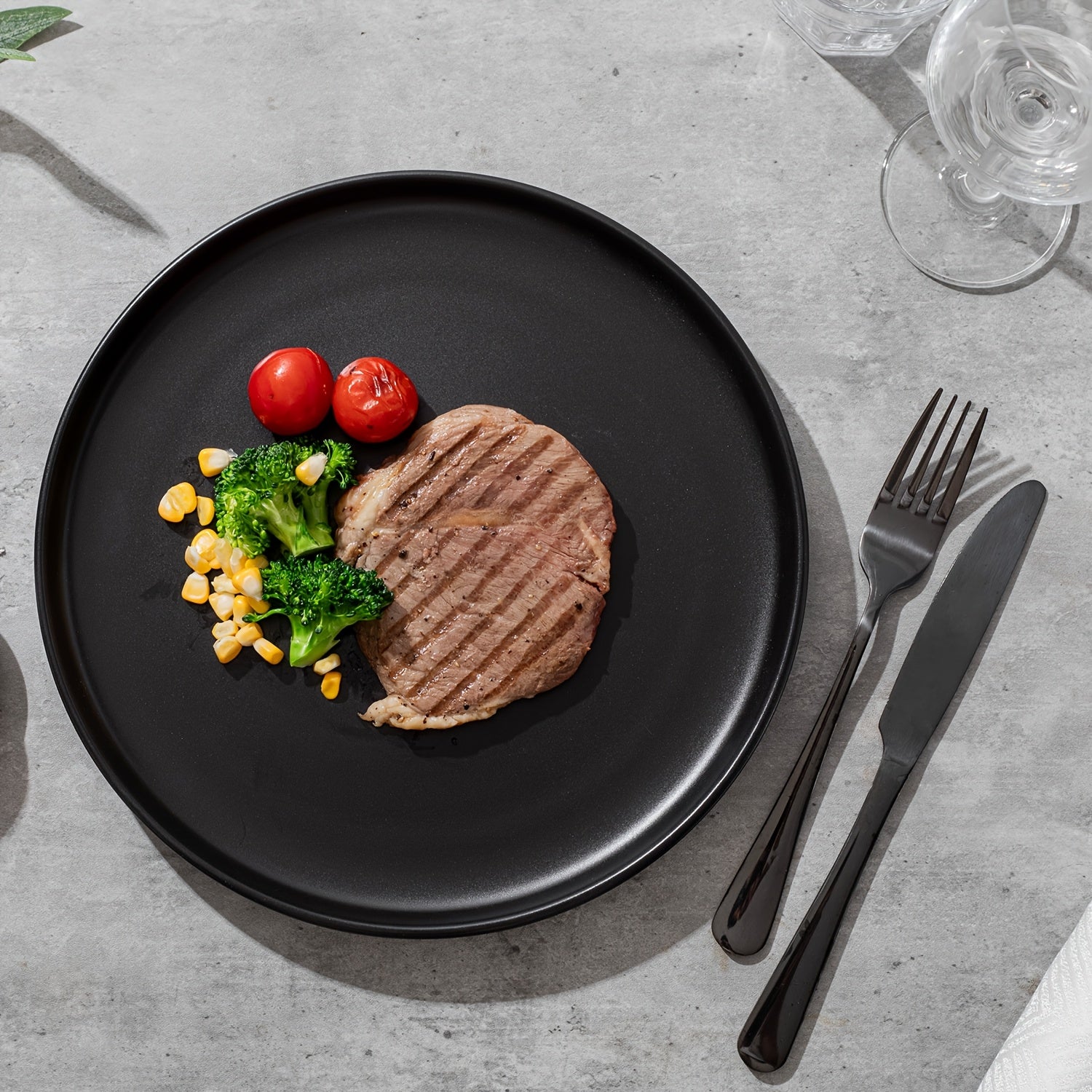12pcs Matte Black Stoneware, Scratch  Stylish Straight Shapes Plates And Bowls, Christmas Kitchen Accessories, Service for 4, Minimalist Round Style, Microwave And Dishwasher Safe