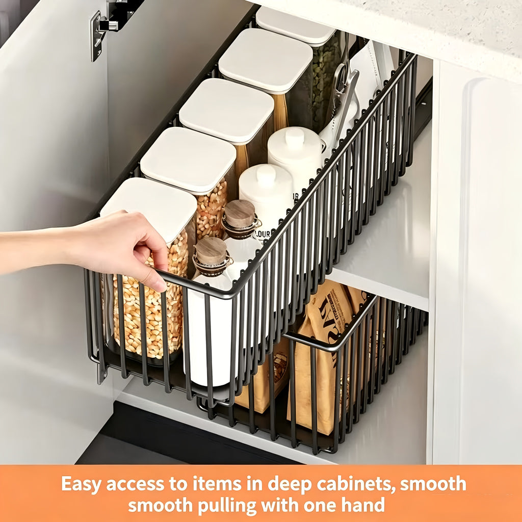 Pull-out Cabinet Organizer for Framed Cabinets. 16.73inch Deep, 7.09inch Height Keeps Seasonings Safe From Tipping. Ball-bearing Slides for Smooth, Quiet, Jitter-free Operation with Strong Load Capacity. Large Capacity Fits Kitchen Utensils
