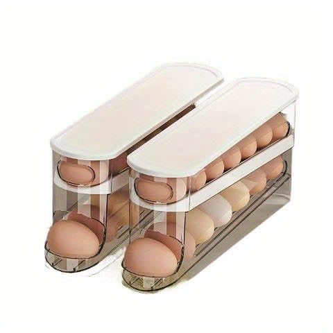 Automatic Rolling Sliding Egg Rack, Space-Saving Design with Easy Access Sliding Tiers And Transparent Compartment, for Kitchen And Refrigerator Storage, Durable No Batteries Required