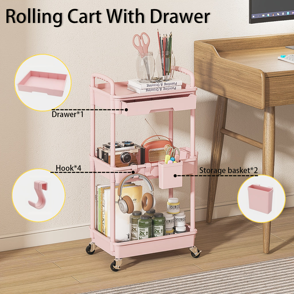 Kitchen Essential – 3 Tier Multifunctional Rolling Cart with Drawer, Durable Plastic Rolling Cart- with Drawers And Lockable Wheels, Includes Practical Accessories Like Cup Holders And Hooks