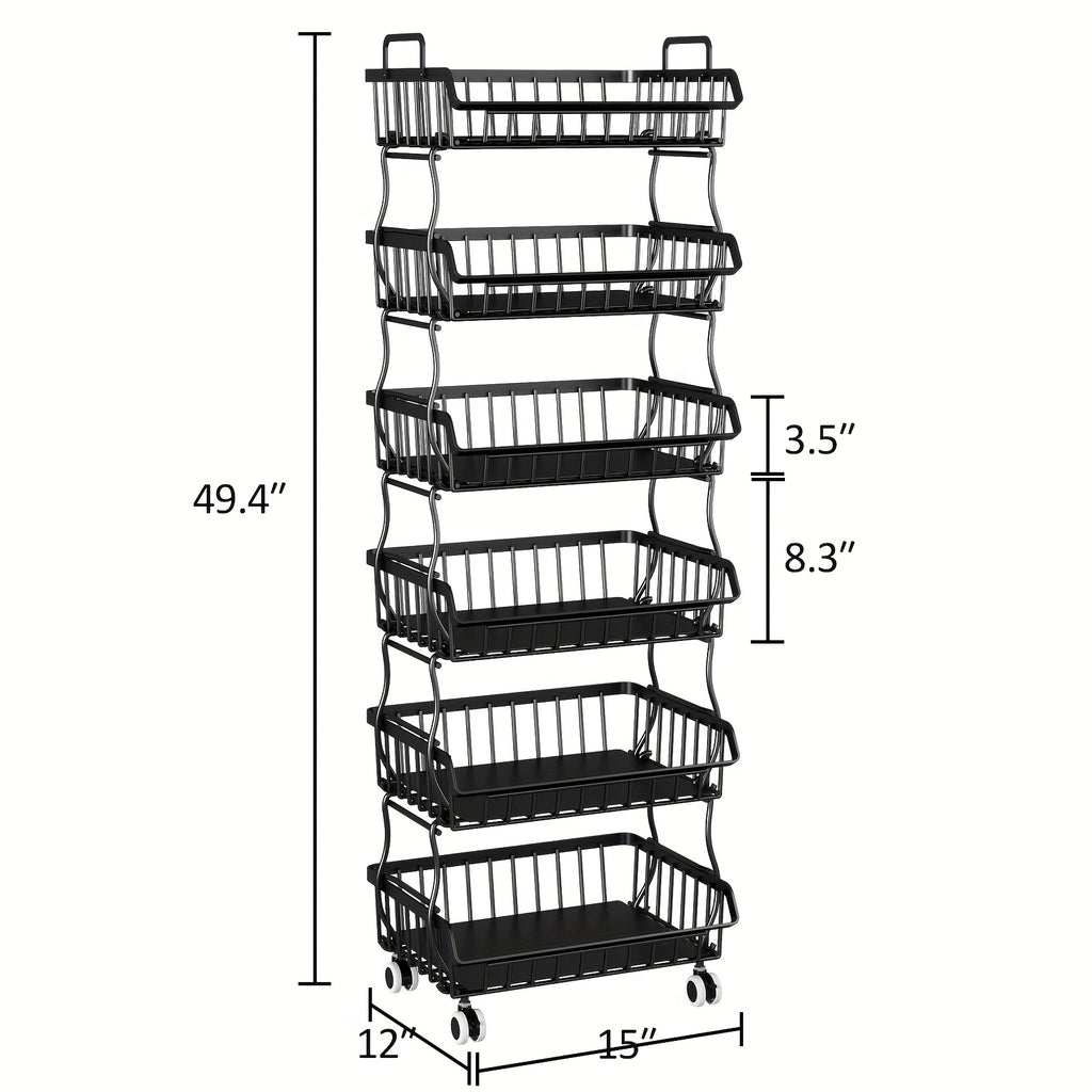 6-Tier Stackable Metal Wire Storage Basket Organizer with Wheels - Space-Saving Kitchen Pantry Organizer for Fruits, Vegetables, Utensils & Utensil Holders, Durable Rectangular Design, Pantry Organizers And Storage, Open Shelf Design, Visible Content Acce