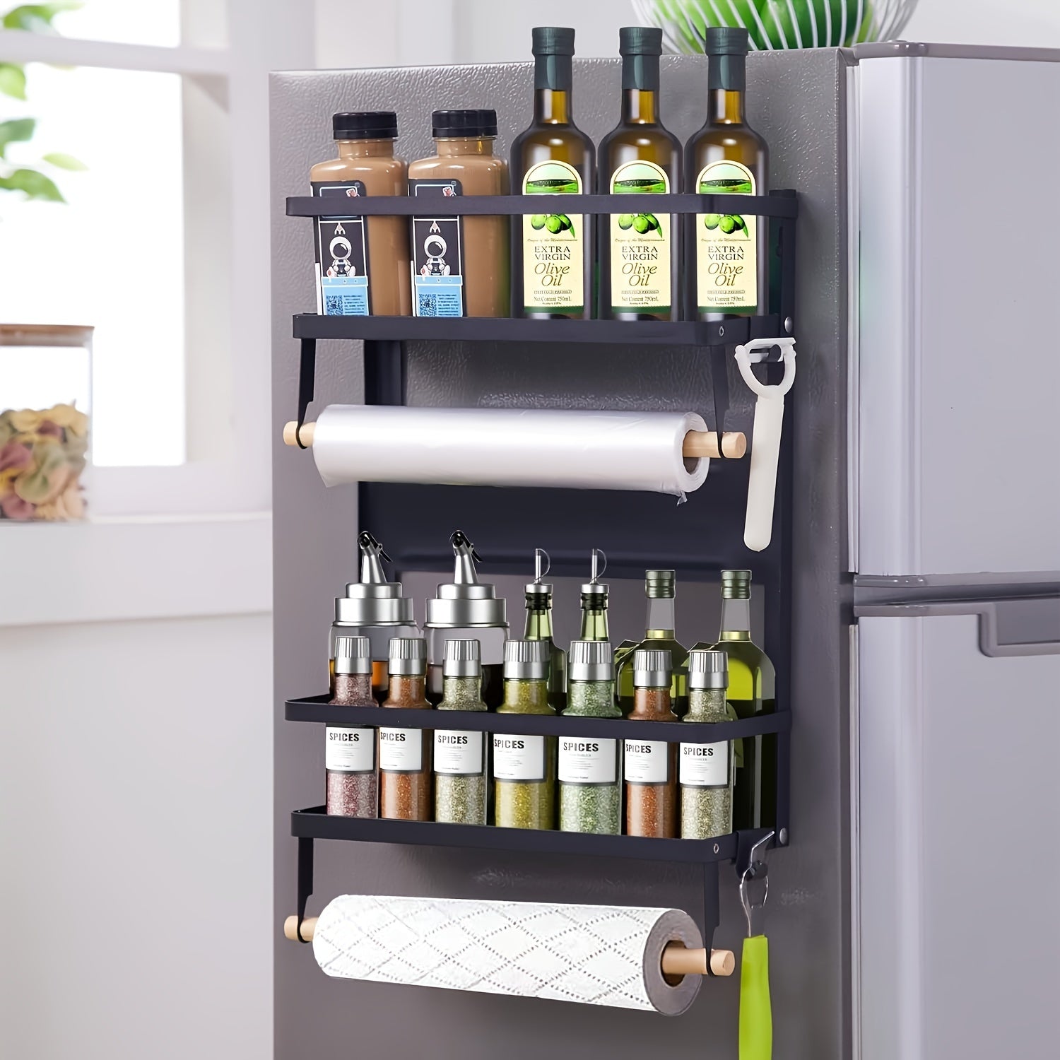 Magnetic Fridge Organizer Spice Rack With Paper Towel Holder And 5 Extra Hooks | 4 Tier Magnet Refrigerator Shelf In Kitchen