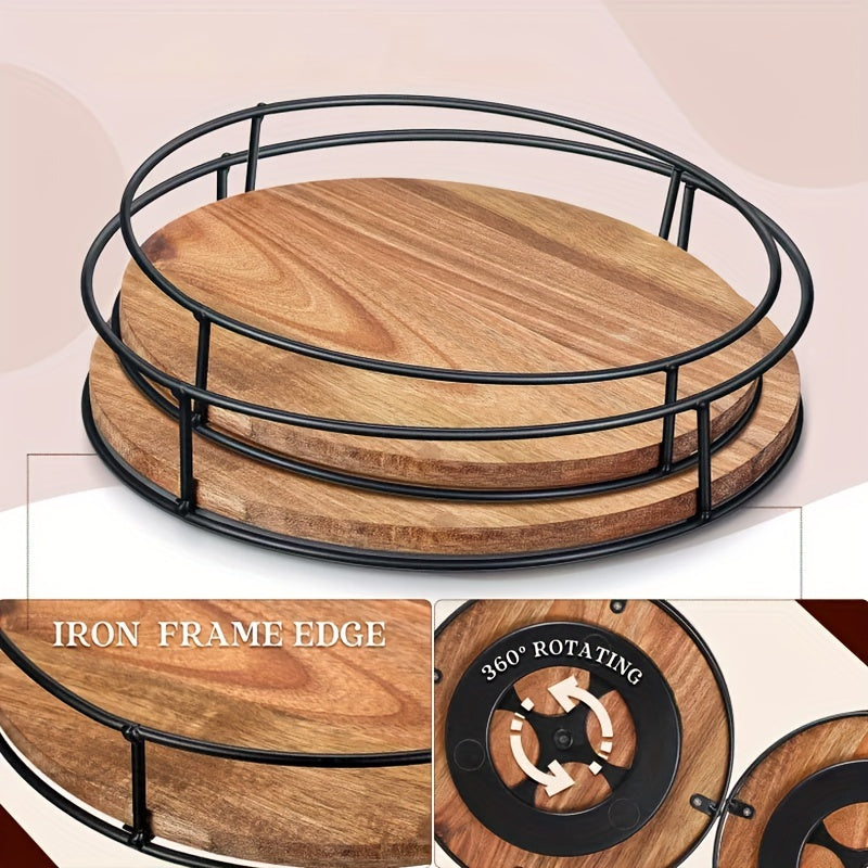 Heavy-Duty Adjustable Home Storage Rack – durable multi-purpose storage, Wooden Rotating Storage Rack with Steel Handrails Kitchen Spice Tray Susan Rotating Solid Wood, designed for American homes, daily convenience and practical gifting
