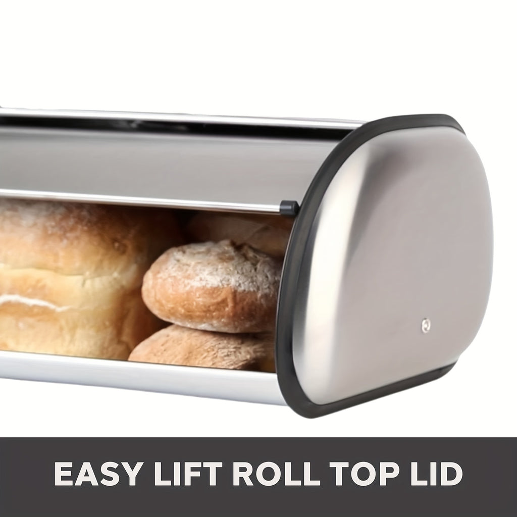 13 "Stainless Steel Roll Top Bread Box, Suitable for Countertop Bread Storage Containers with Stainless Steel Lid - Fresh And Insect Resistant, Can Hold Multiple Large Breads And Other Baked Goods Including Bagels Muffins, Fruit, Etc