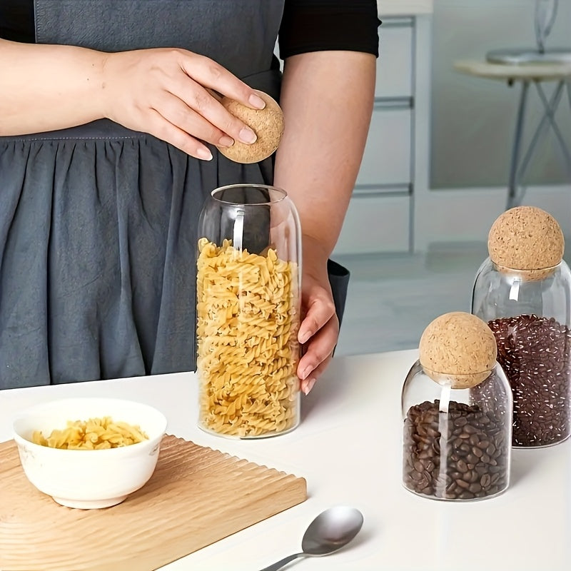 3pcs Glass Storage Container with Spherical Cork Stopper, 17 Oz/500Ml Glass Jar, Suitable for Kitchen Seasoning Container Set, Moisture Resistant for Kitchen Tidying And Storage, Ramadan, Valentine'S Day, Thanksgiving