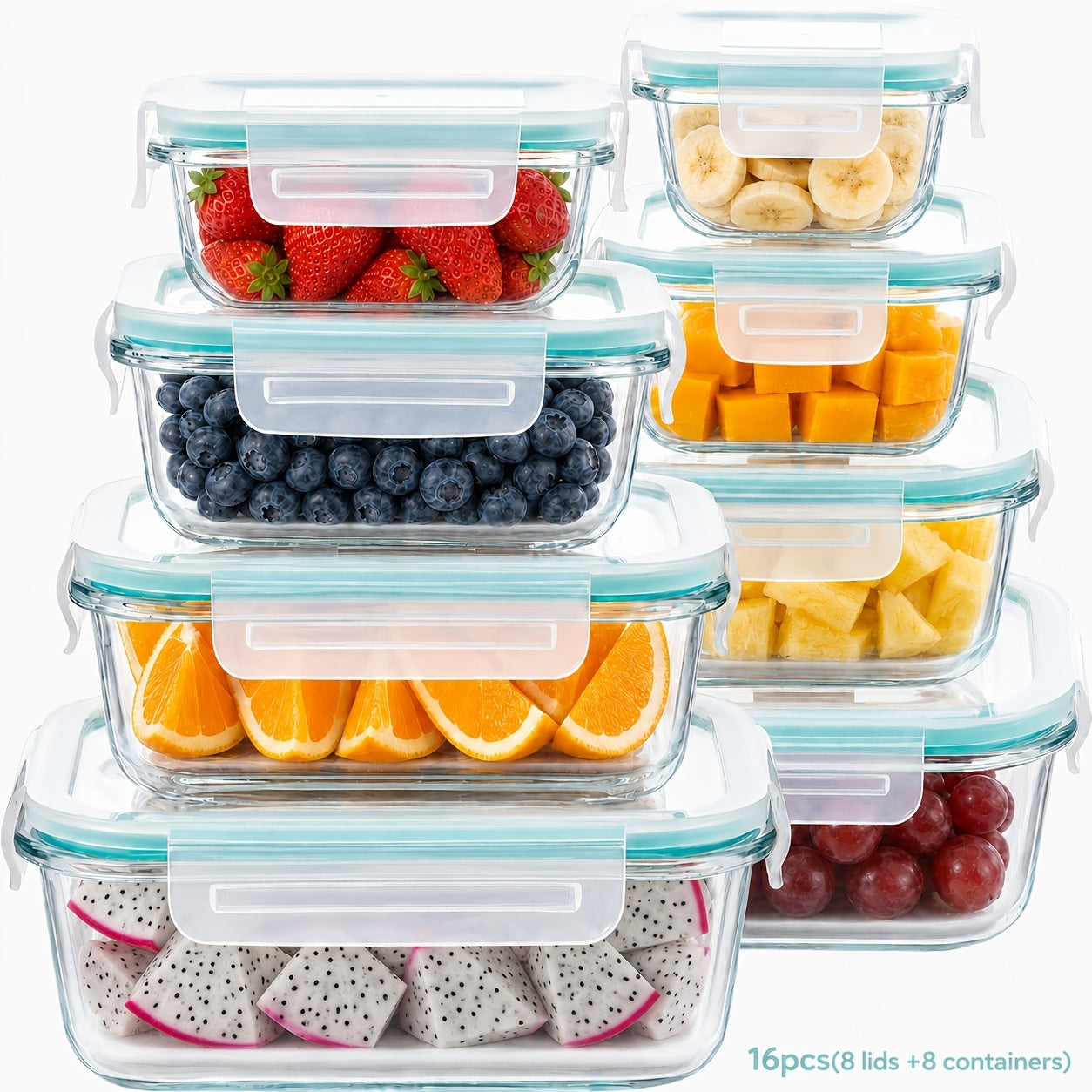 16pcs (8 Lids 8 Containers) Airtight Glass Food Storage Containers Lunch Boxes Microwave Oven Safe Perfect For Salads Fruits Vegetables And Sandwiches Lunch Boxes Airtight Storage Durable Glass Food Storage Set