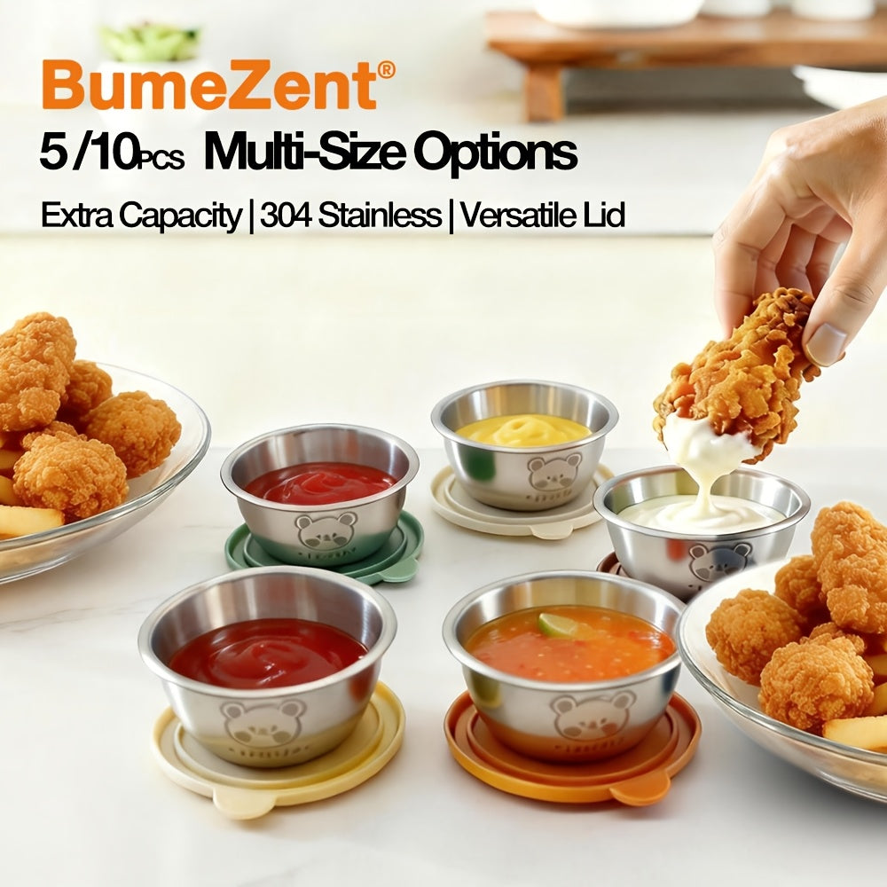 BUMEZENT BZ 10/5pcs Sauce Cups with Lid, Durable 304 Stainless Steel Sauce Cups, Leak-Proof Reusable Small Bowls for Sauce, Dip, Salad Dressing, And Barbecue, Essential Kitchen Additions, Kitchen Additions