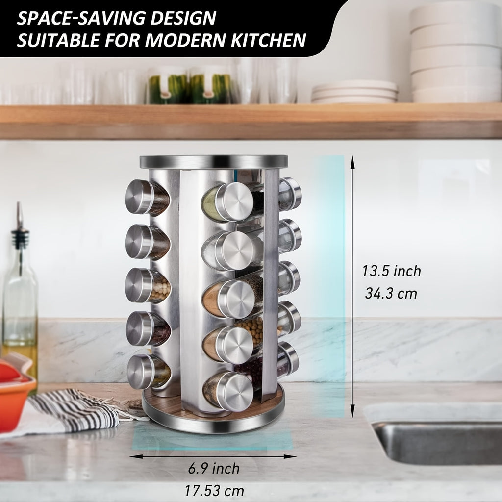 Rotating Spice Rack with 20 Jars, Kitchen Countertop Spice Tower, 360-Degree Revolving Seasoning Organizer for Cabinet, Carousel Storage Holder with 386 Labels for Herbs, Spices, And Condiments