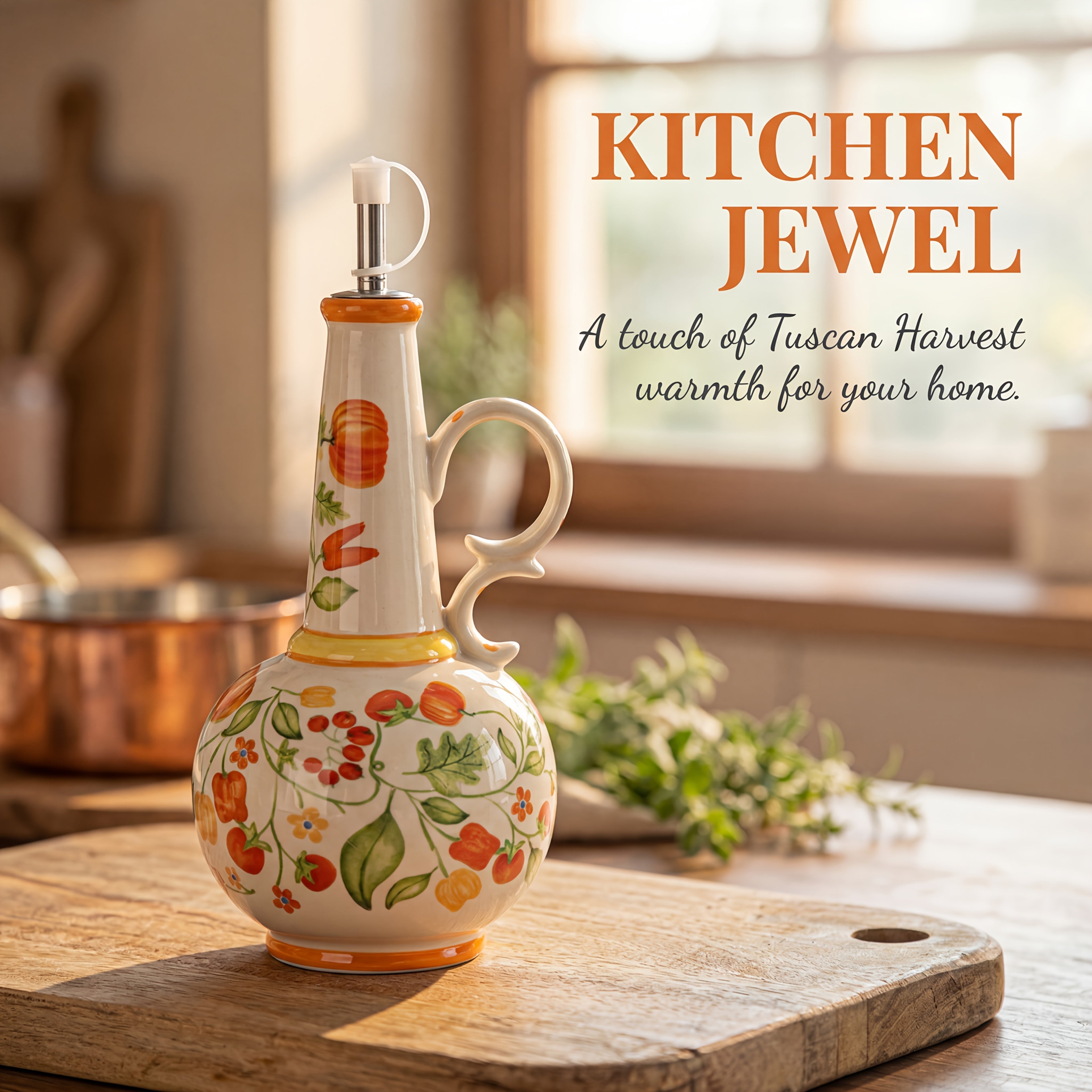 1pc Hand-Painted Ceramic 650Ml (21.98Oz) Leakproof Oil And Vinegar Cruet with Autumn Pumpkin Pattern, Refillable Oil Bottle for Olive Oil, Vinegar, And Soy Sauce, Farmhouse Thanksgiving Kitchen Decor