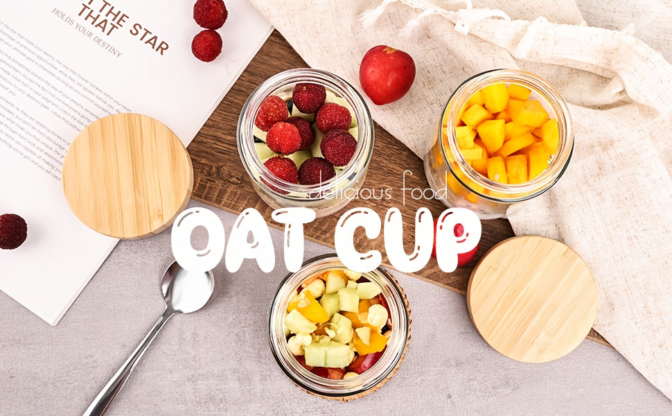 4/6 Packs Overnight Oats Containers with Bamboo Lids, Glass Jars with Airtight Lids for Meal Prep, Wide Mouth Mason Salad Jars, Glass Food Storage Container for Yogurt Chia Snacks Spice Sugar