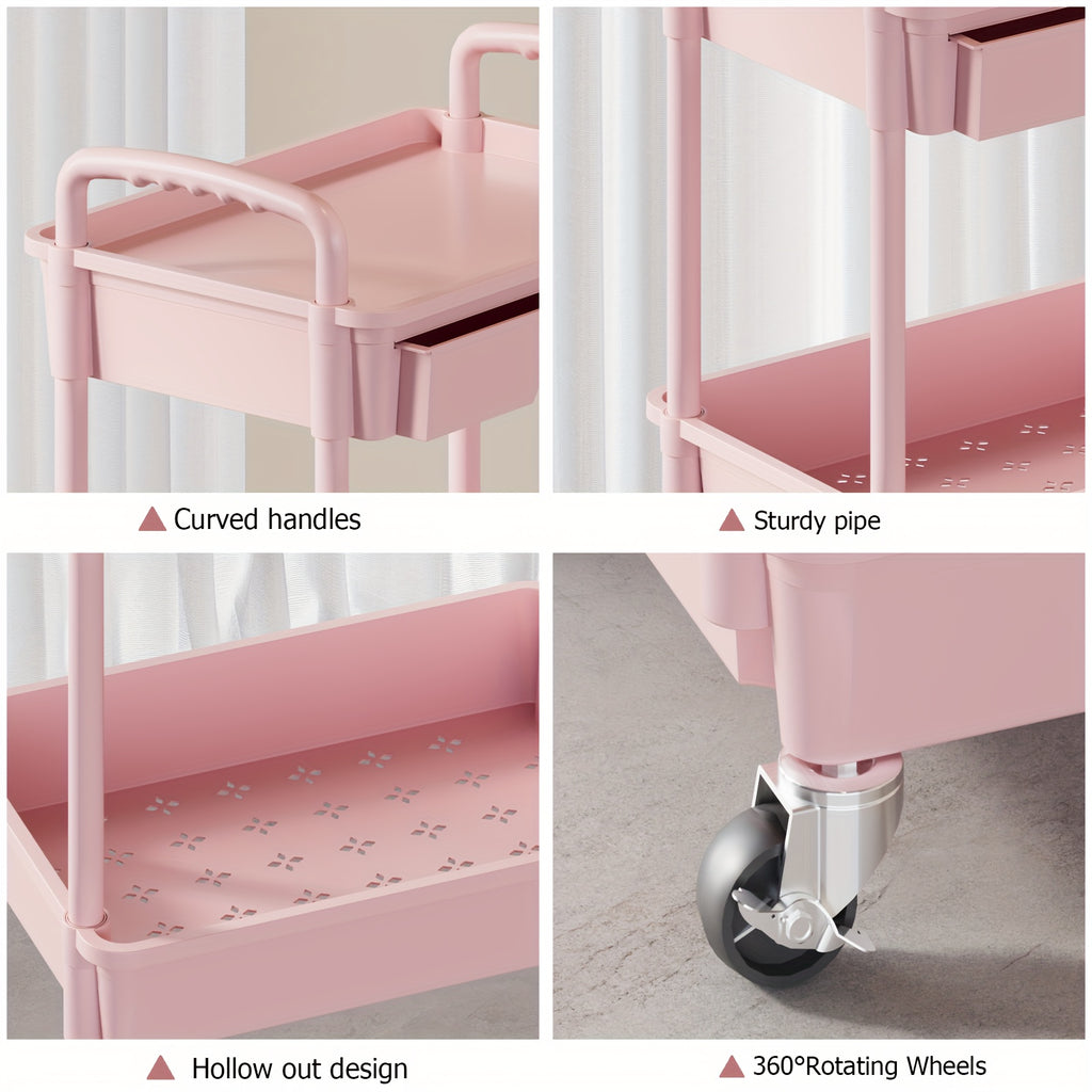 Kitchen Essential – 3 Tier Multifunctional Rolling Cart with Drawer, Durable Plastic Rolling Cart- with Drawers And Lockable Wheels, Includes Practical Accessories Like Cup Holders And Hooks