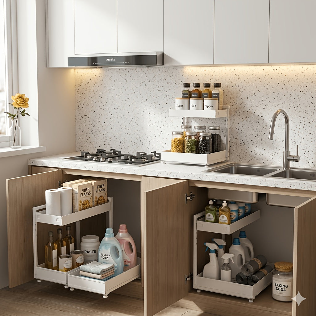 2-Pack Under Sink Organizer, 2-Tier Pull-Out Storage Rack, Adjustable Metal Cabinet Organizer for Kitchen Bathroom Pantry
