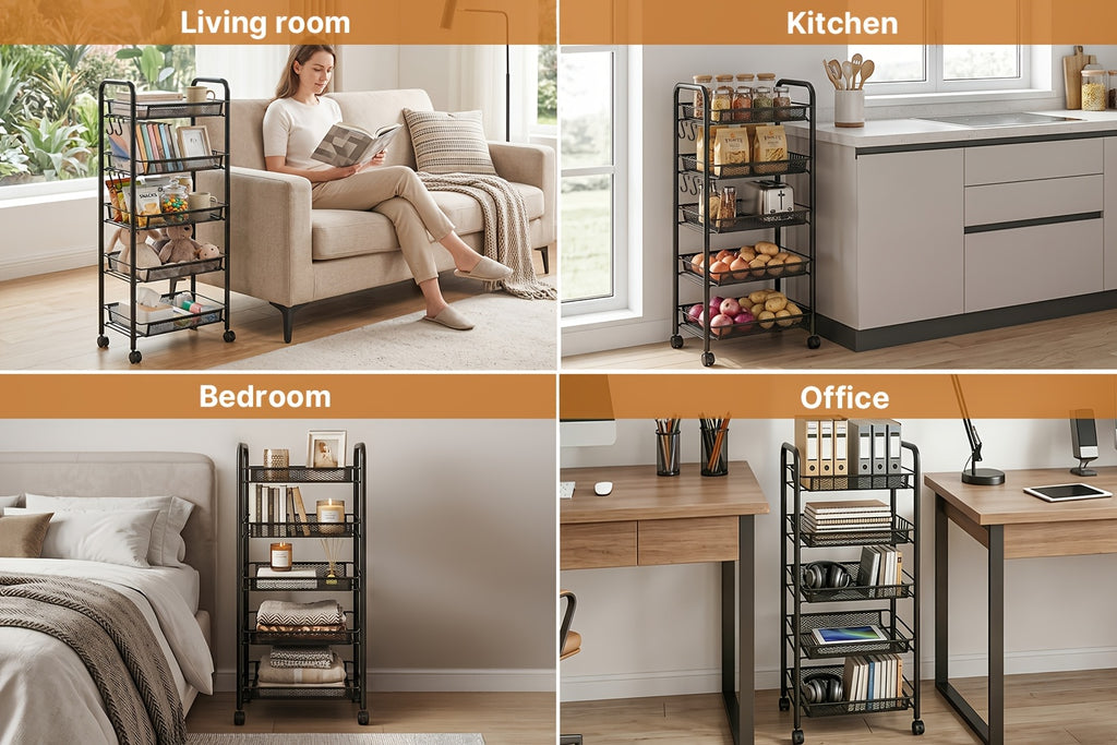 Versatile Adjustable Home Storage Rack – durable multi-purpose storage, Carbon Steel 5-Tier Rolling Storage Cart - Multi-Functional Easy to Use with Hooks Removable, designed for American homes, daily convenience and practical gifting