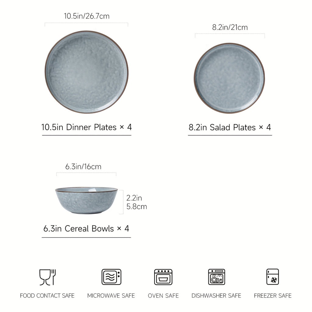 Heavy-Duty 12pcs Decorative Home Lighting – warm functional room lighting, ALOFMO 12pcs Light Grayish Blue Reactive Glaze Ceramic Dinnerware Set High-Quality Water Wave Stoneware, designed for American homes, daily convenience and practical gifting