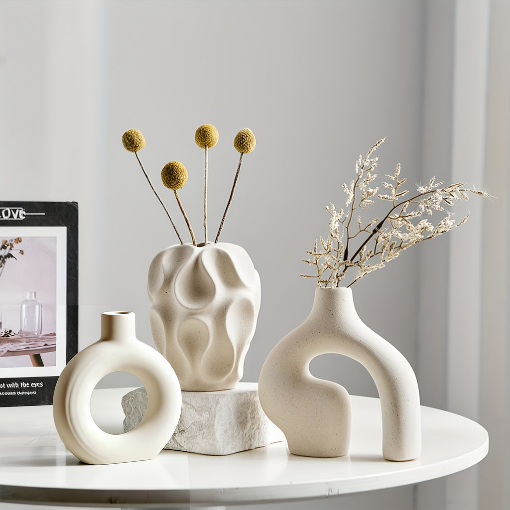 Kitchen Essential – Ceramic Vase Set 3 - Piece - Bohemian Farmhouse Style Decorative Vases Pampas Grass, Beige Vases Home Decor, Living Room, Kitchen, Bedroom, Entryway Mantel for Modern US