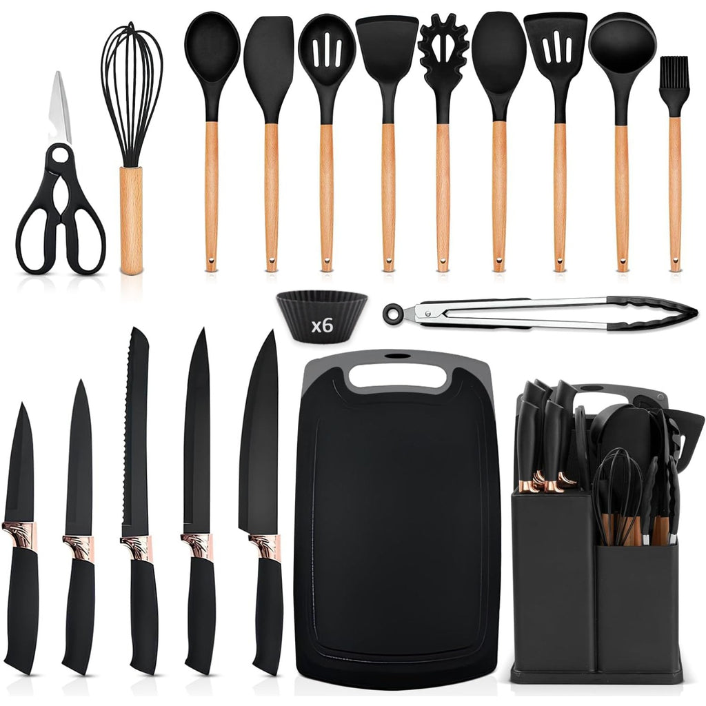 Kitchen Essential – 25pcs Kitchen Cooking Utensils And Knife Set with Block, Silicone Cooking Utensils Sharp Stainless Steel Chef Knives Scissors Whisk Tongs And Cutting Board, Kitchen Utens